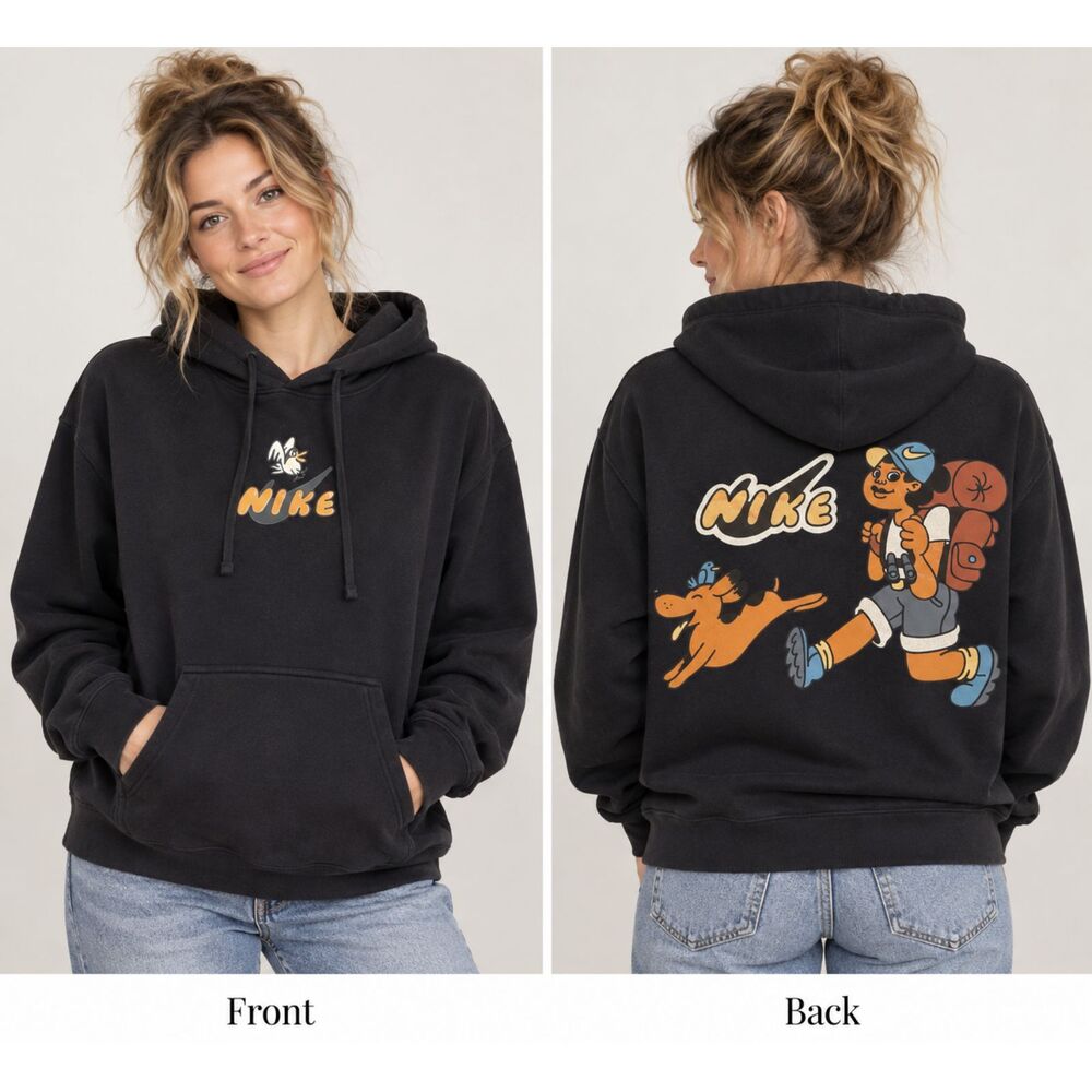 NIKE Black Hoodie Fleece Women’s M Hiker Club Dog Bird Embroidered Outdoors